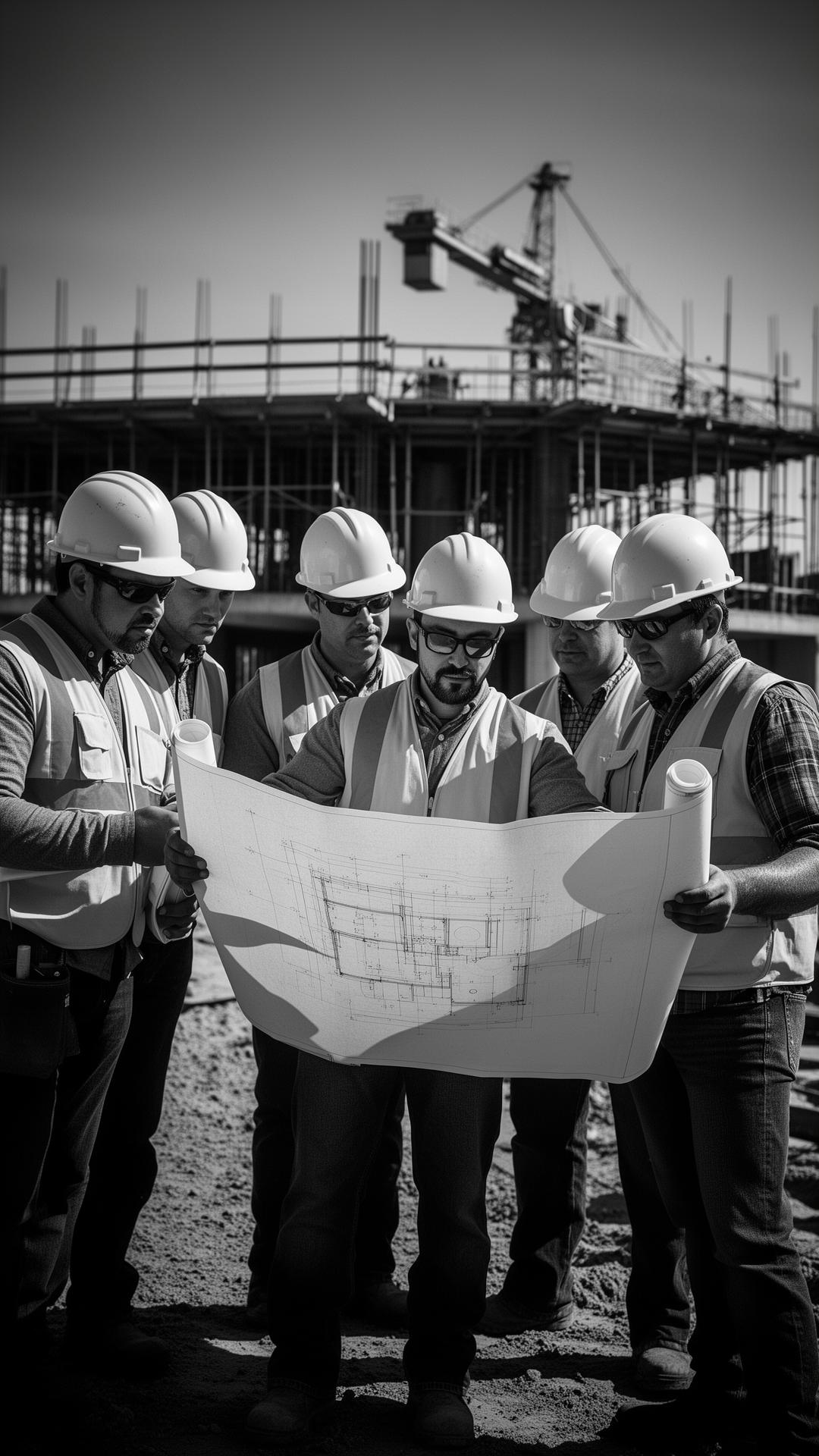 Option 1 Group construction crew reviewing blueprints